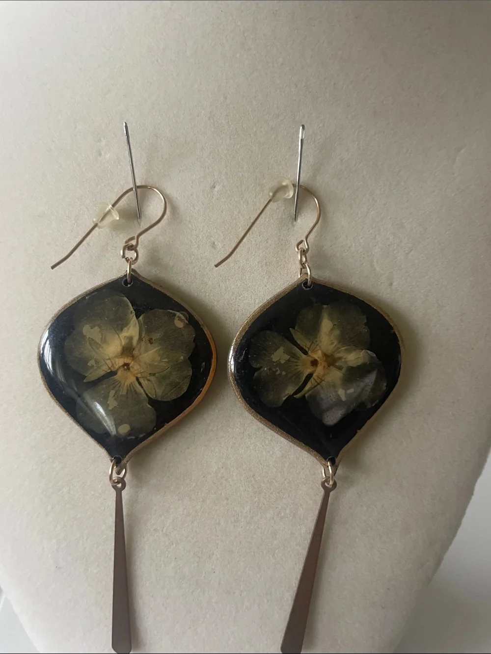 Handcrafted Black Pressed Floral Drop Clay Earrings